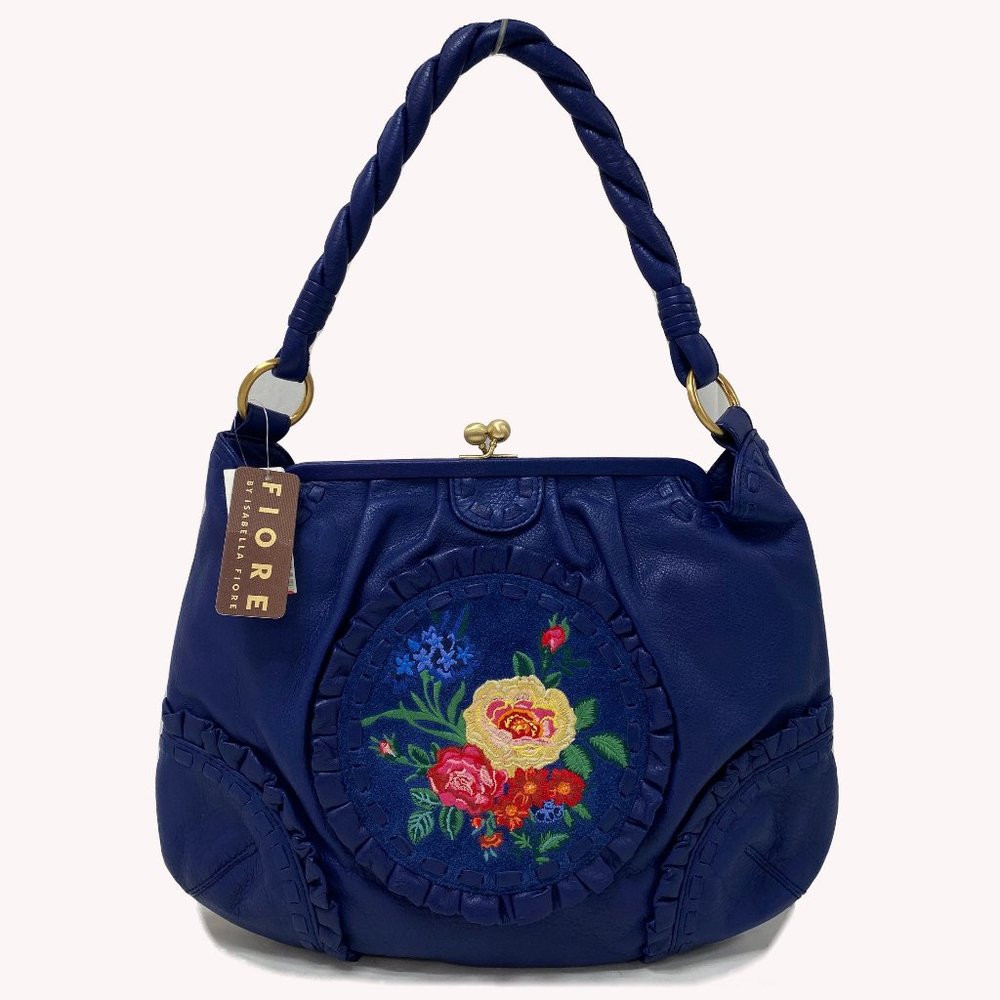 Fiore by Isabella Fiore Cobalt Blue Leather Floral Embroidered Frame Bag